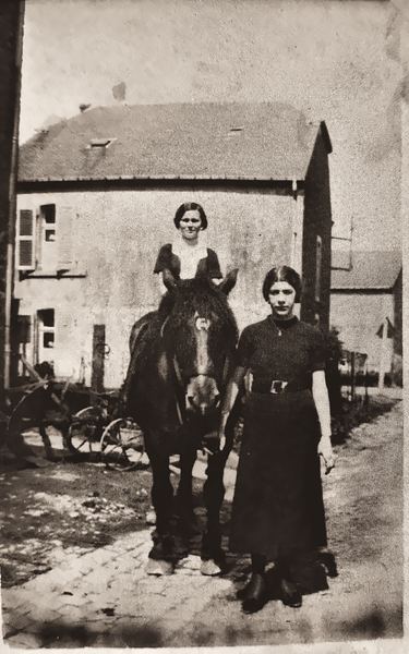 Le cheval en question est convoité. C'est au tour d'Yvonne Bouillon et de Marie-Louise Philippart, parentes des deux précédents, de poser avec lui.